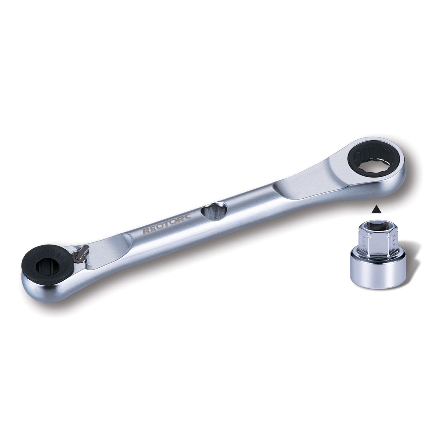 Instructional showing socket adaptor attached to Ring Stop reversible ratchet spanner