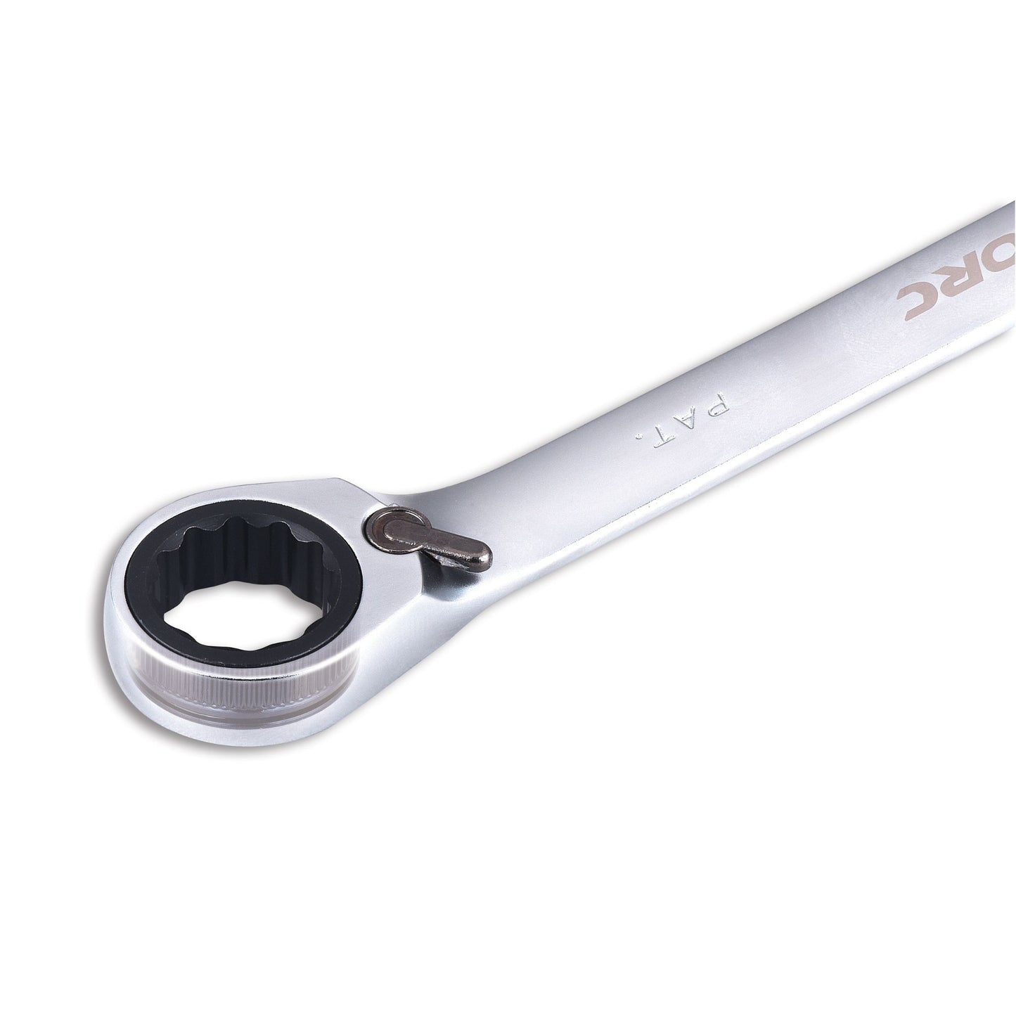 Detail view of spanner's reversible ratcheting head