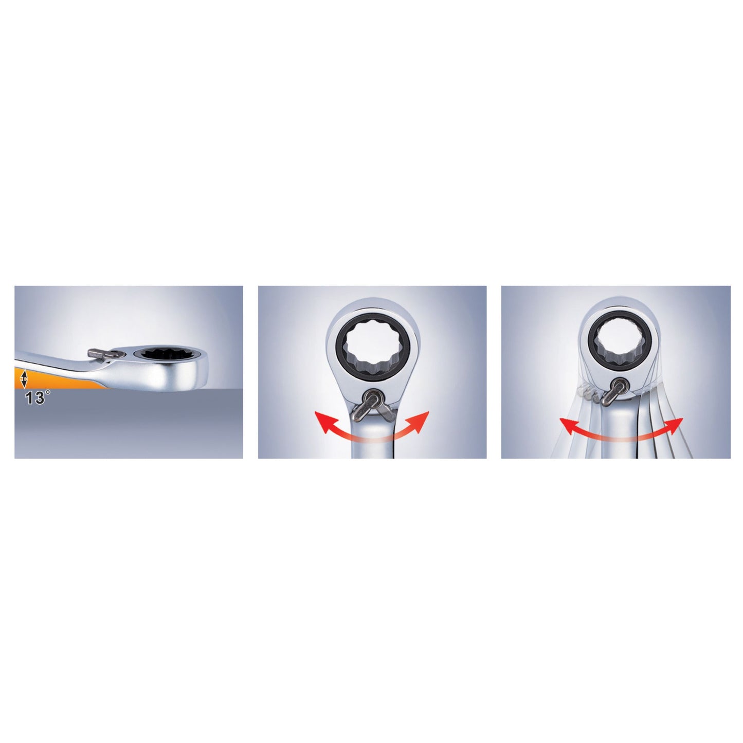 Combination spanner with 13° working angle, reversible ratchet lever and quick left and right ratcheting action