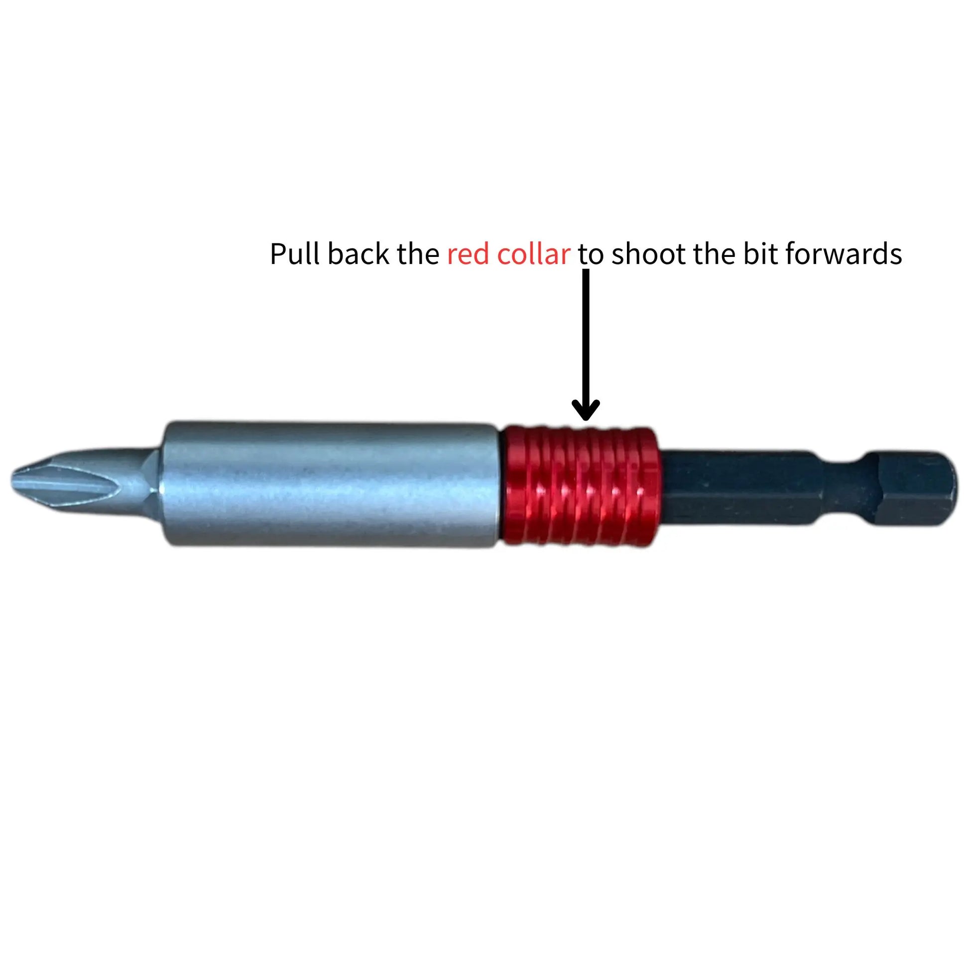 One-hand quick-change function: Pull back the red collar to shoot the bit forwards