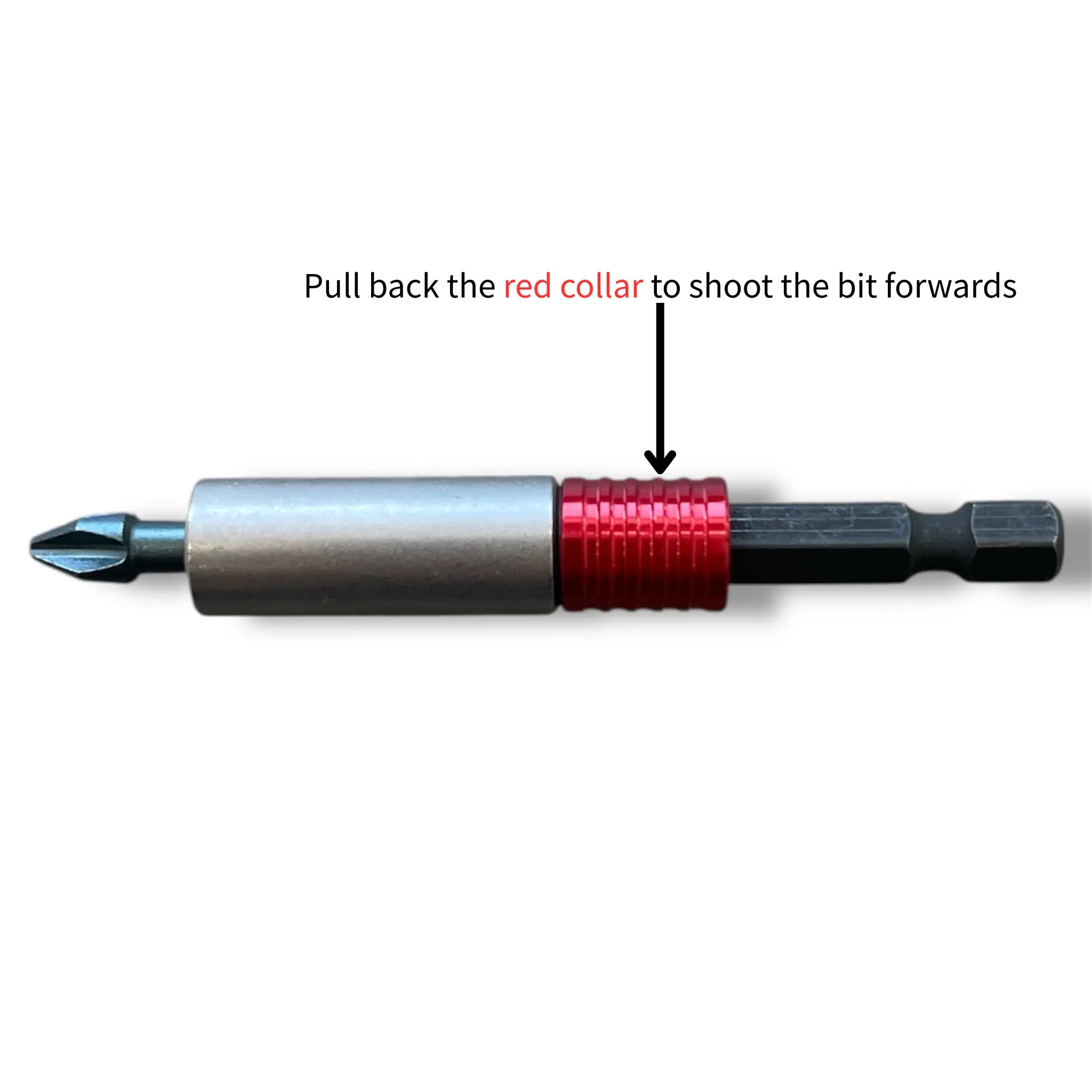One-hand quick-change function: Pull back the red collar to shoot the bit forwards