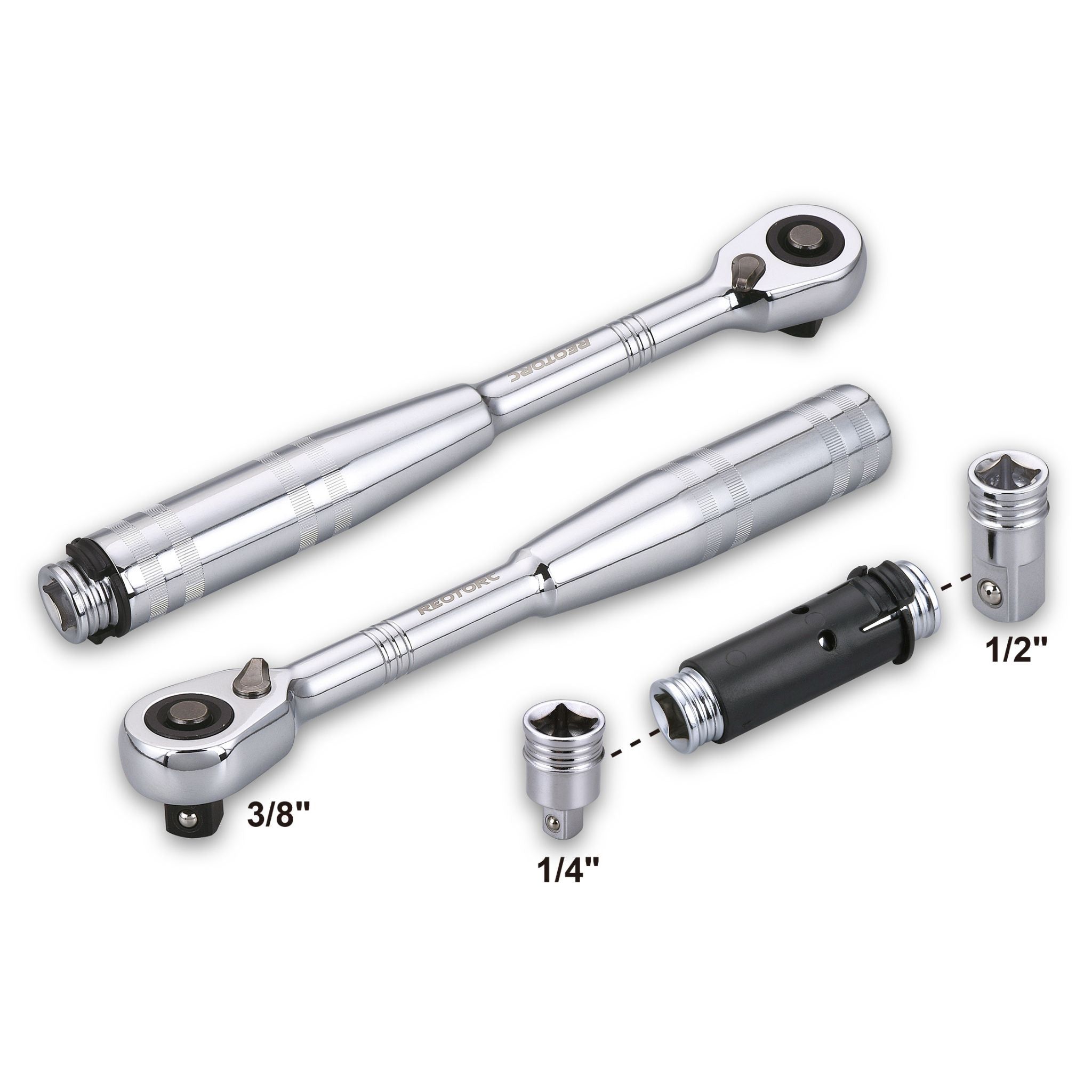 3/8 inch socket ratchet with 1/4 inch and 1/2 inch drive adapters