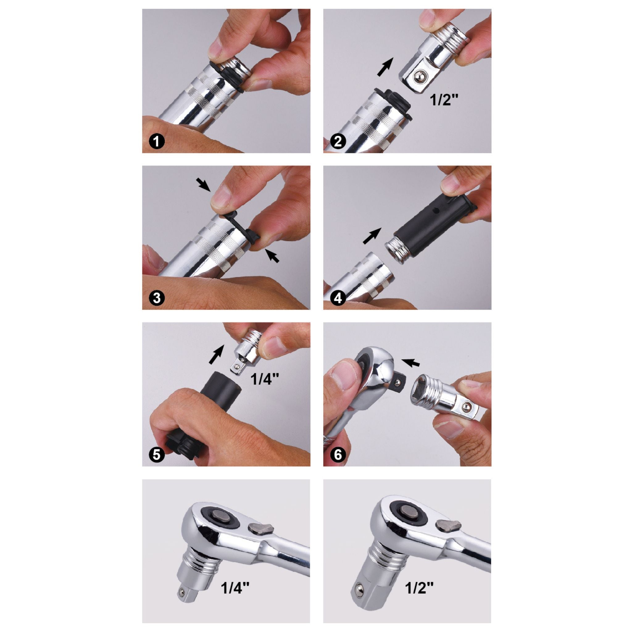 Instructional showing how to attach or change 1/4 inch and 1/2 inch drive adapters on a 3/8 inch socket ratchet