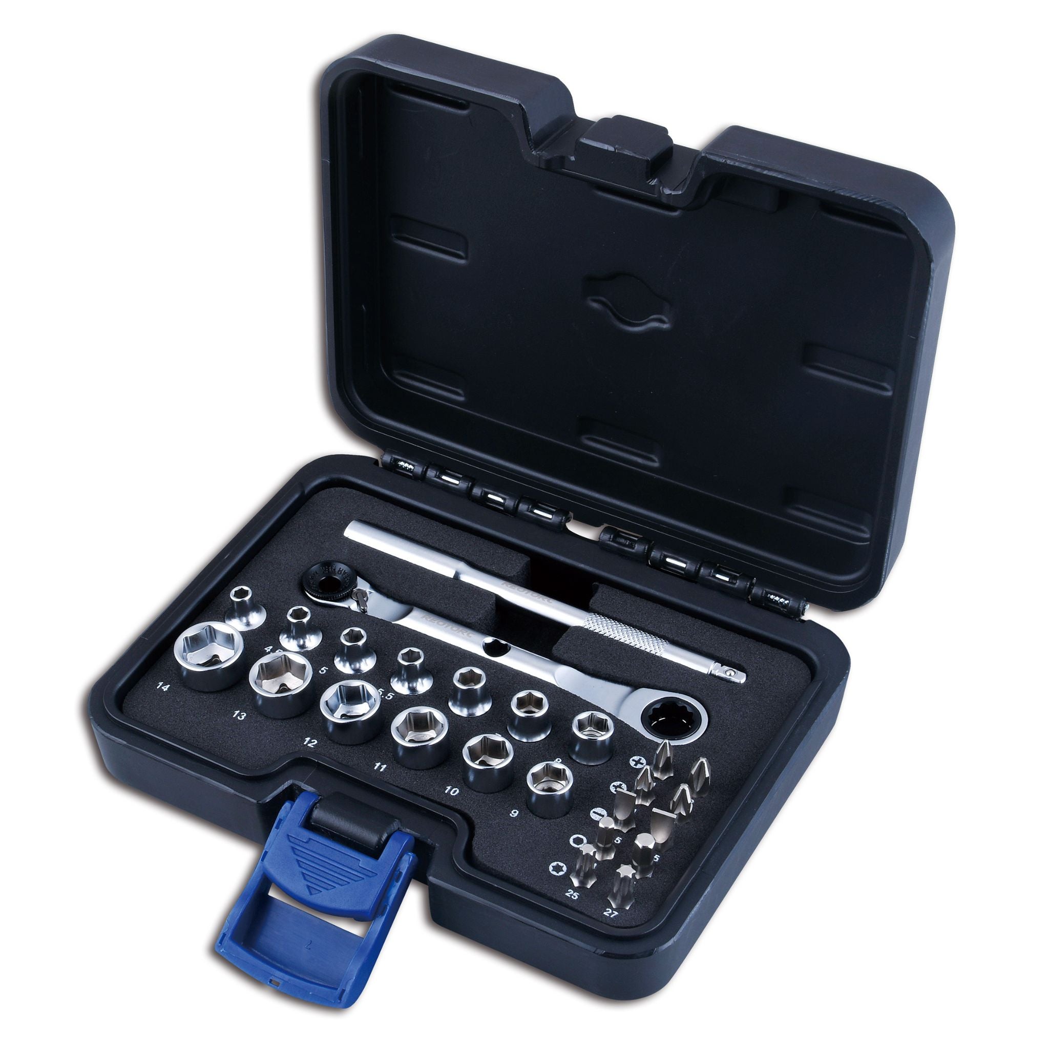 Ring Stop with 1/4 inch bit ratchet set including extension bar socket adaptor and screwdriver bit organised in storage case