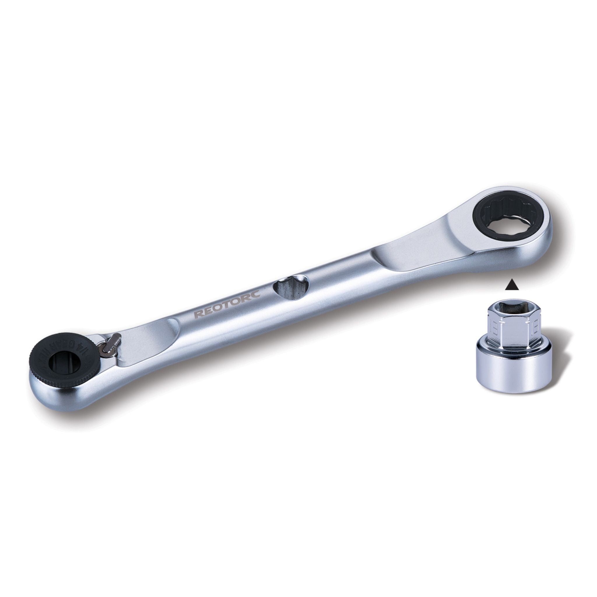 Instructional showing socket adaptor attached to Ring Stop reversible ratchet spanner 