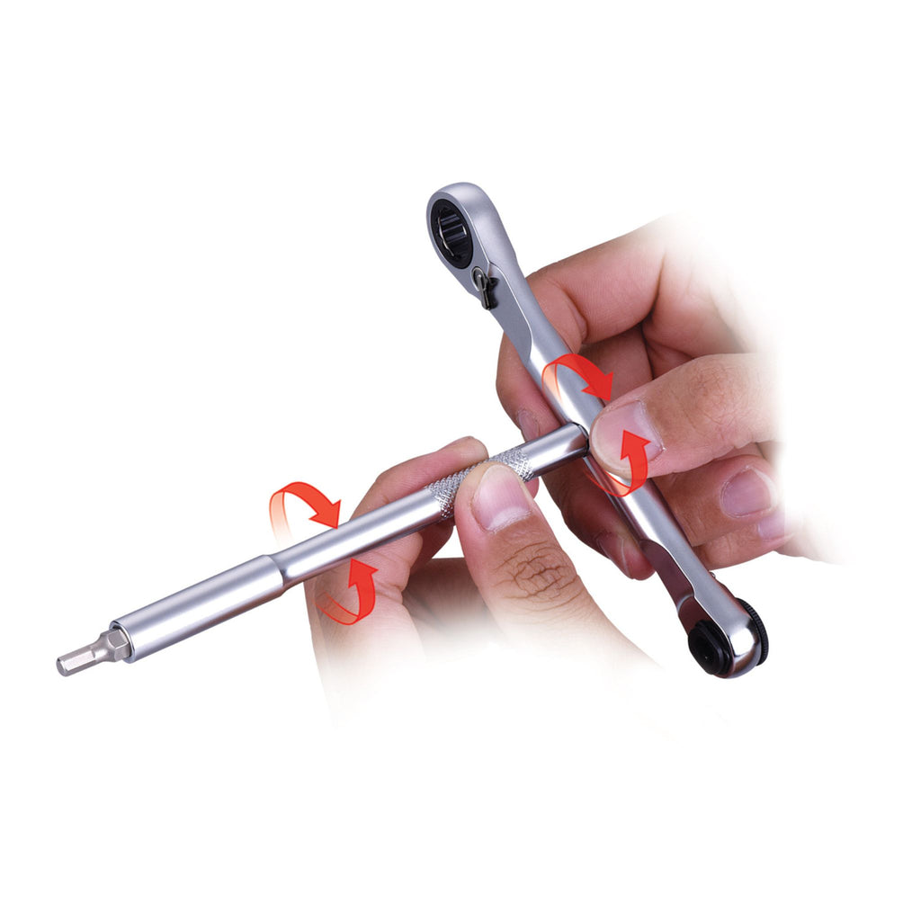 Extension bar inserted into Ring Stop 1/4 inch bit ratchet center hole to form T handle spanner