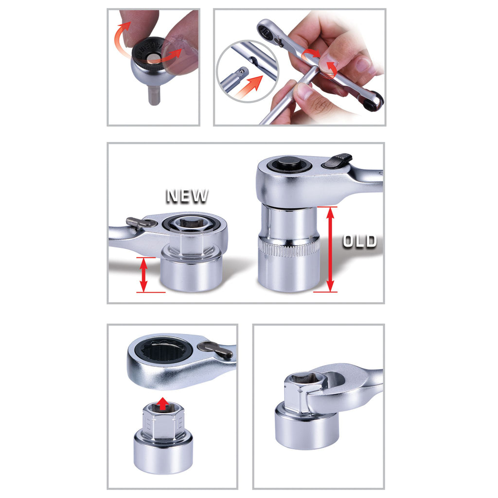 Ring Stop 1/4 inch bit ratchet showing different configurations and applications for maximum versatility