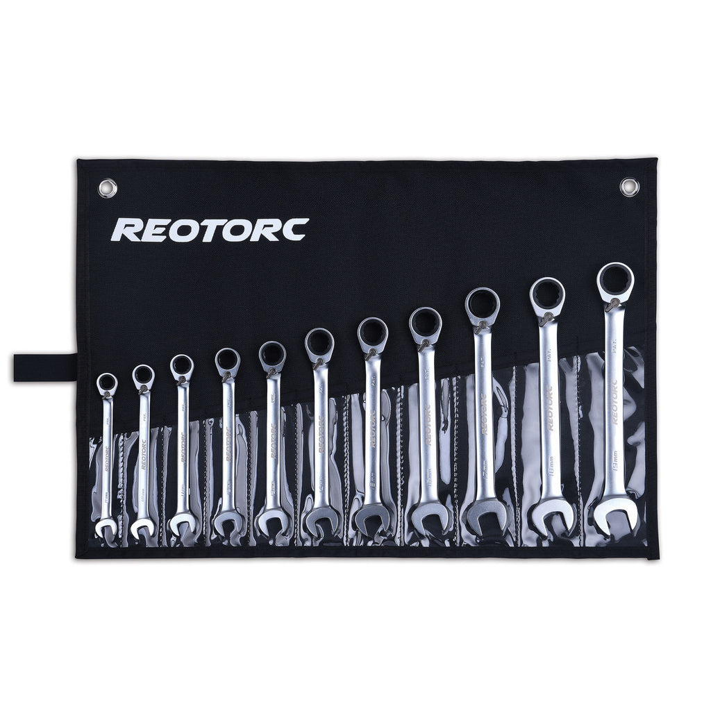 11 piece metric open end with reversible ratchet spanner set with pouch sizes 8mm to 19mm 