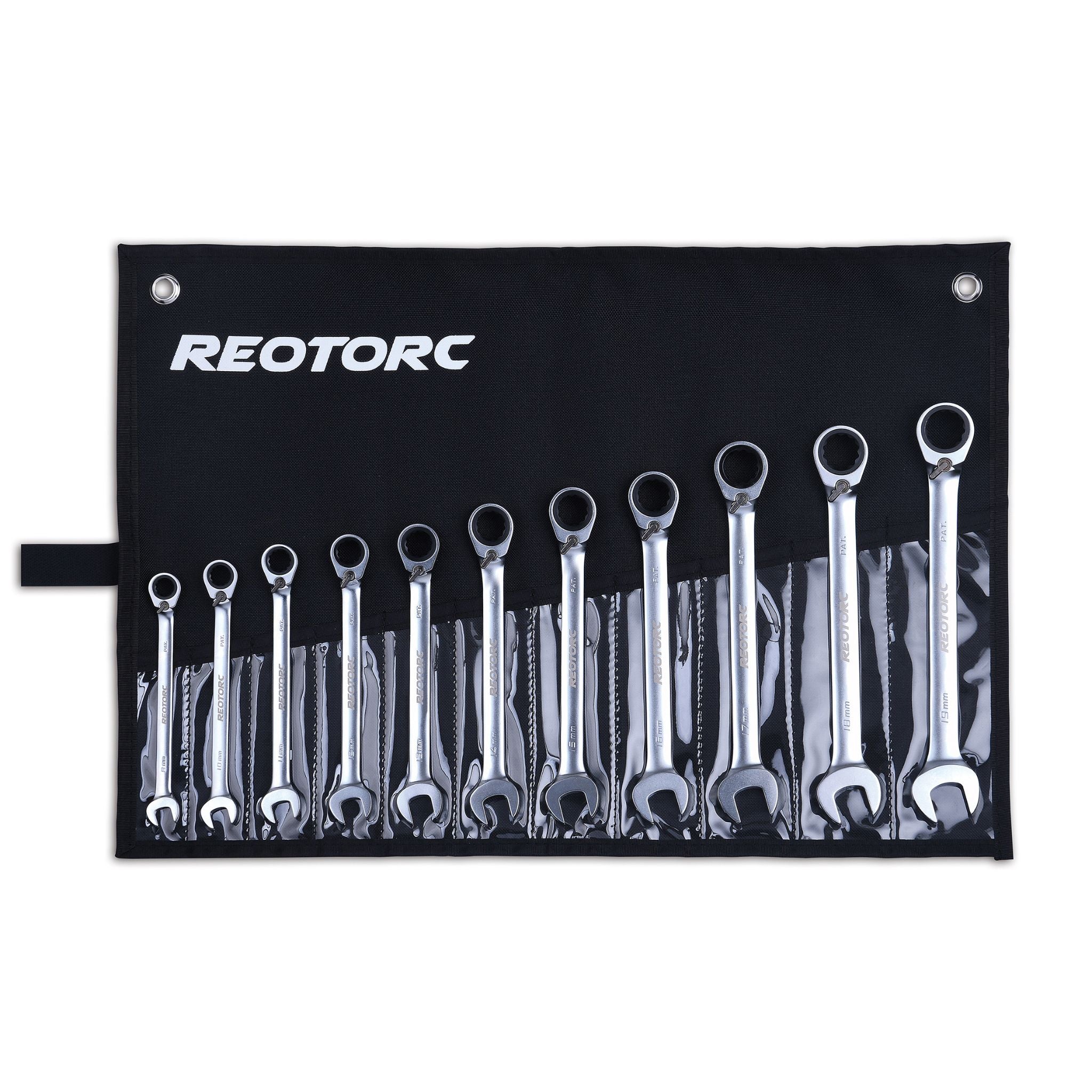 11 piece metric open end with reversible ratchet spanner set with pouch sizes 8mm to 19mm 