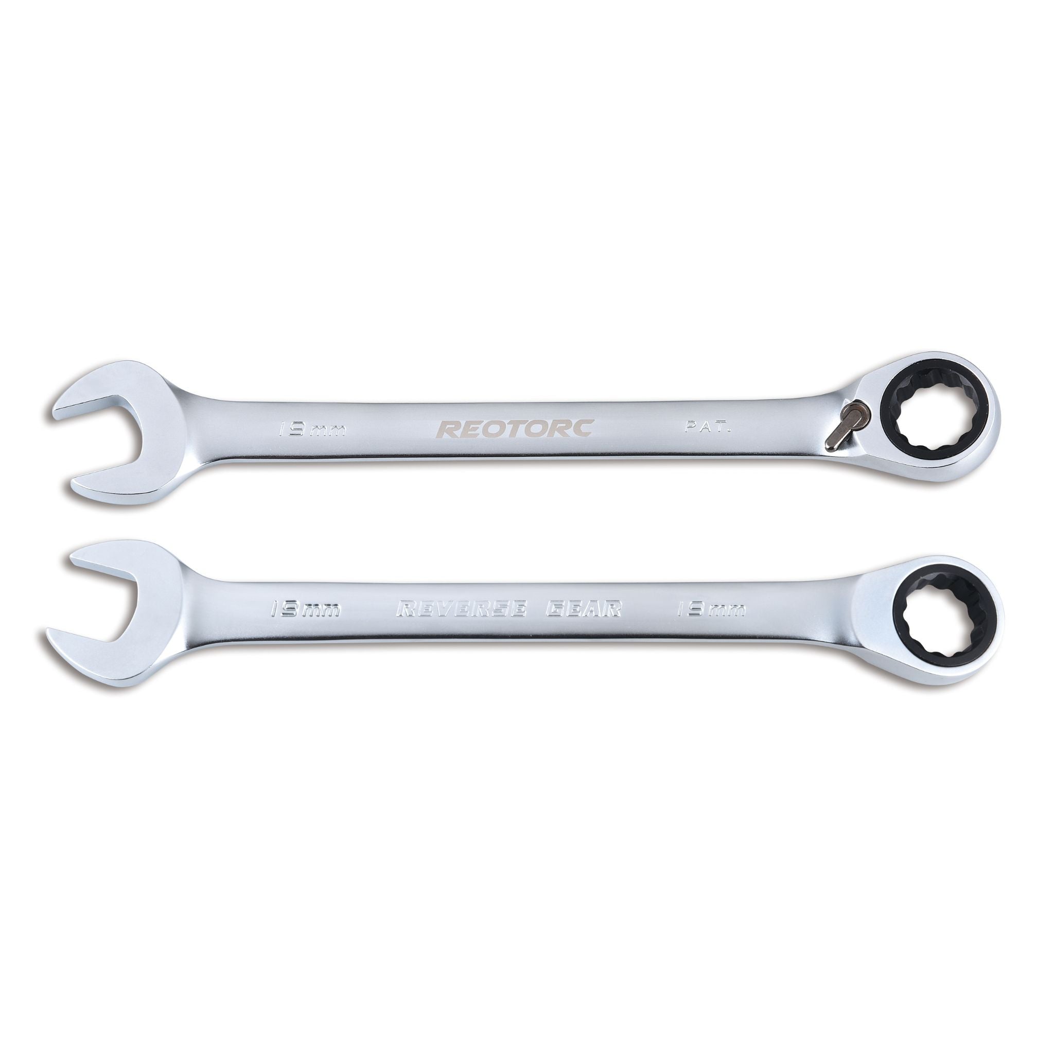 Front and back view of 19mm open end with reversible ratchet spanner