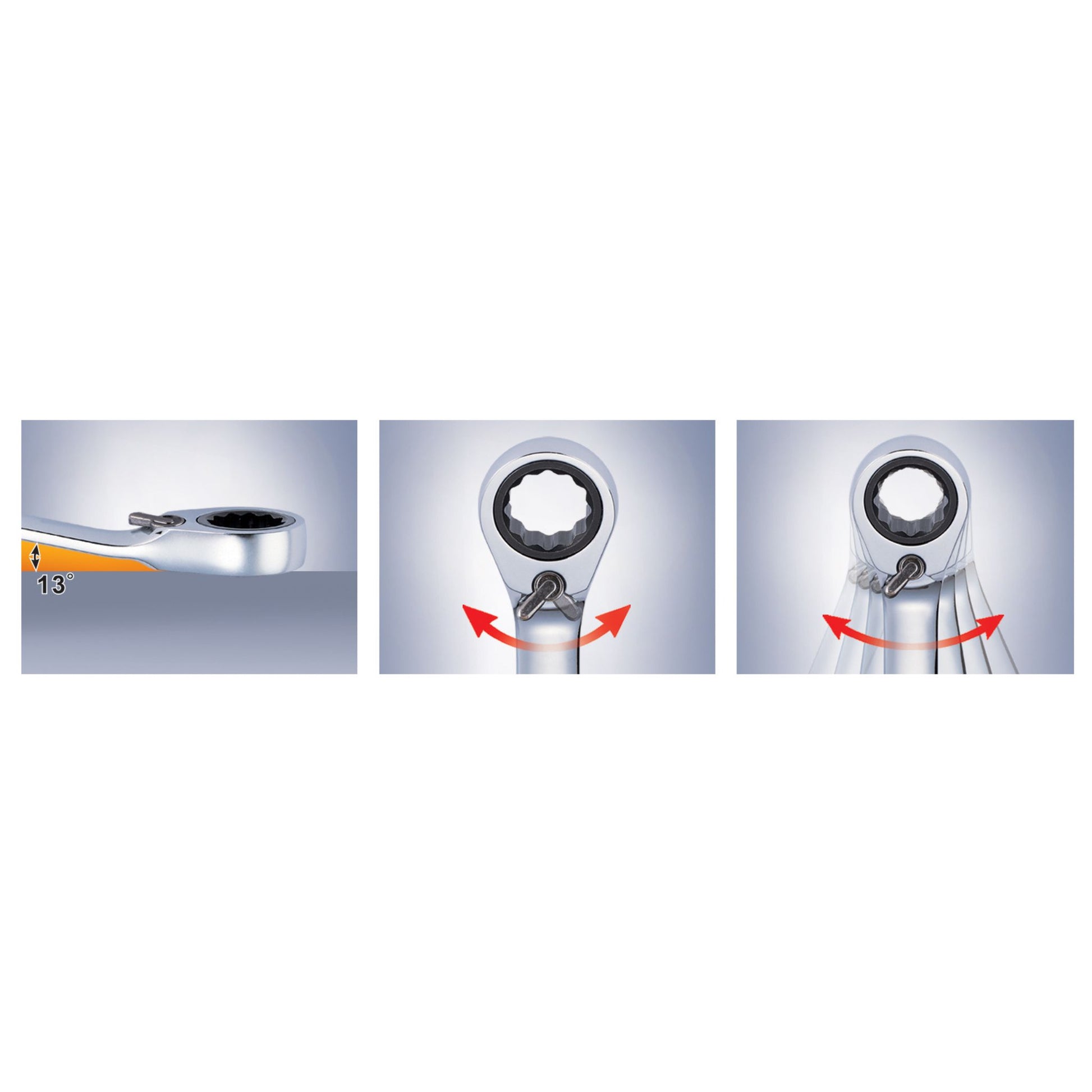 Combination spanner with 13° working angle, reversible ratchet lever and quick left and right ratcheting action