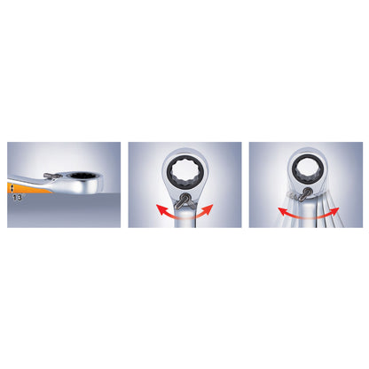 Combination spanner with 13° working angle, reversible ratchet lever and quick left and right ratcheting action