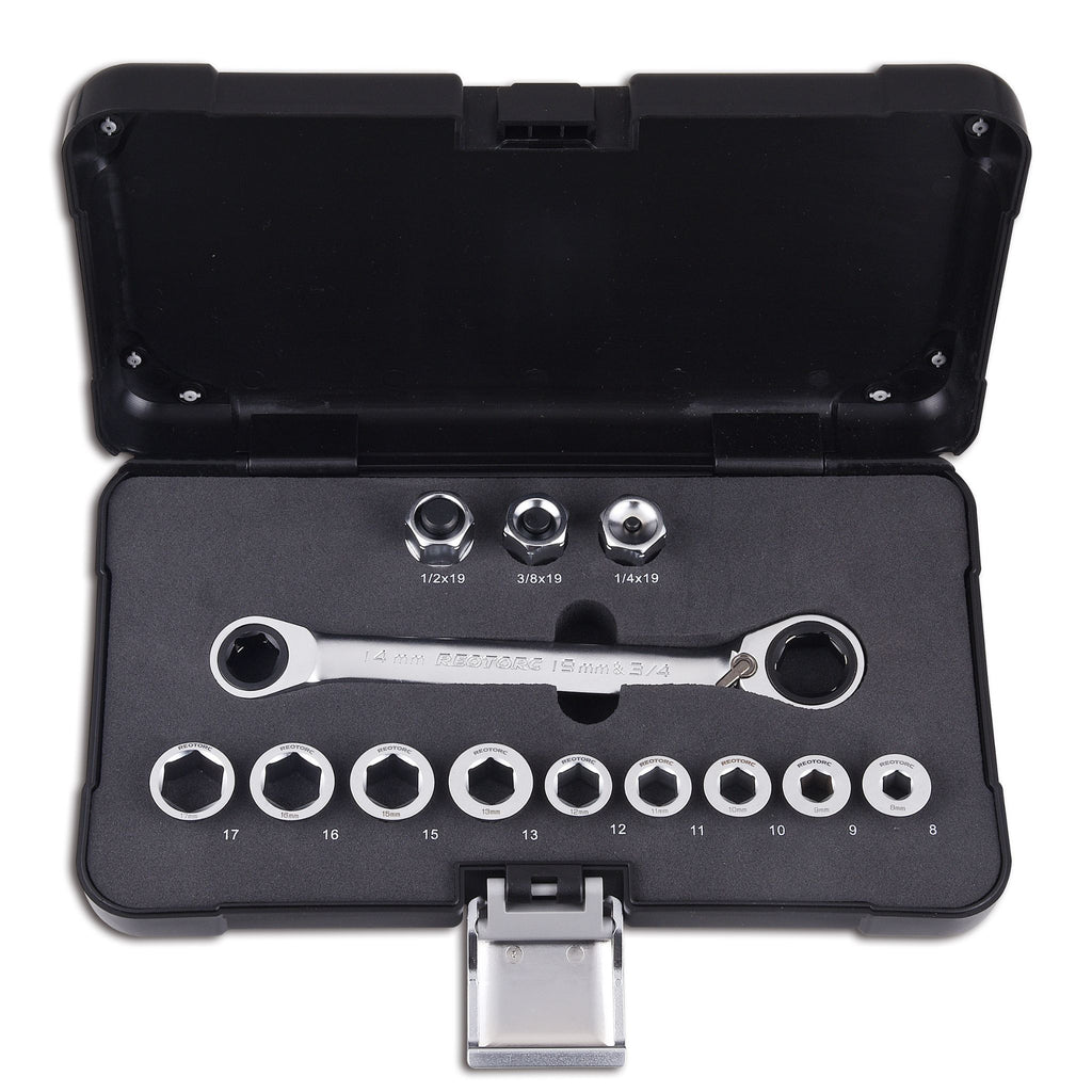 Double ring ratcheting spanner set with socket and ring driver adaptors organised in storage case