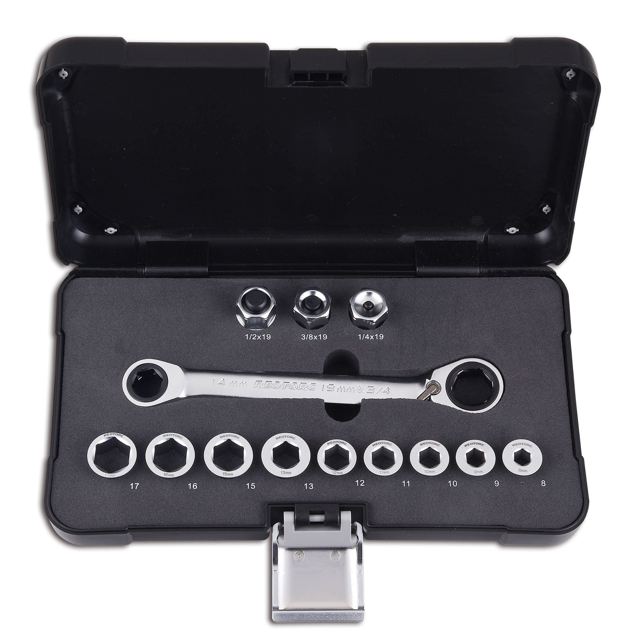 Double ring ratcheting spanner set with socket and ring driver adaptors organised in storage case