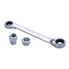 Double ring reversible ratchet spanner with socket adaptor and nut drive adaptor