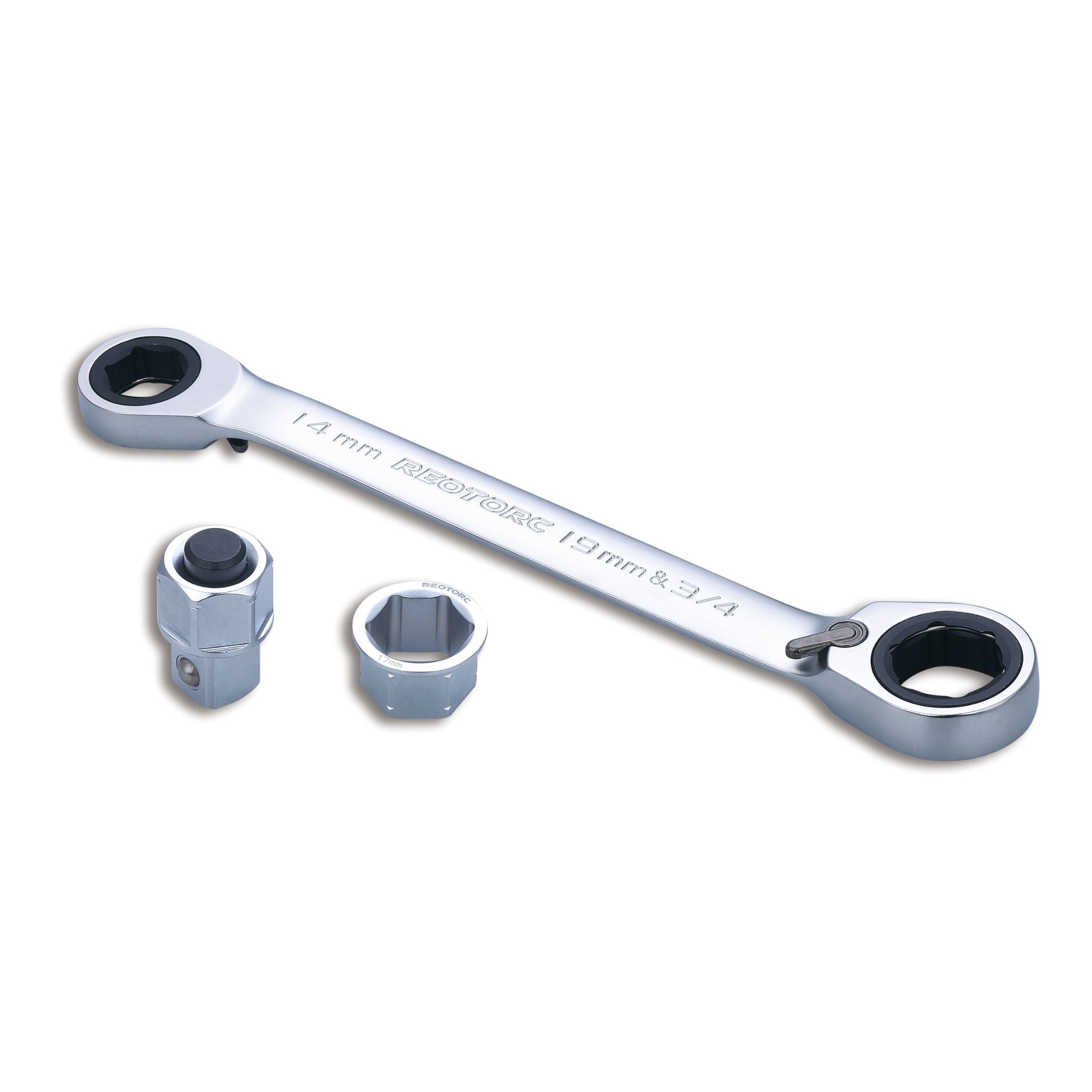 Double ring reversible ratchet spanner with socket adaptor and nut drive adaptor