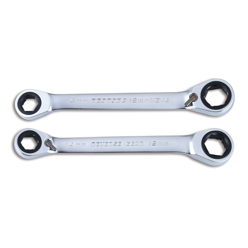 Front and back view of 14mm and 19mm Double Off Ring Driver Ratcheting Reversible Spanner