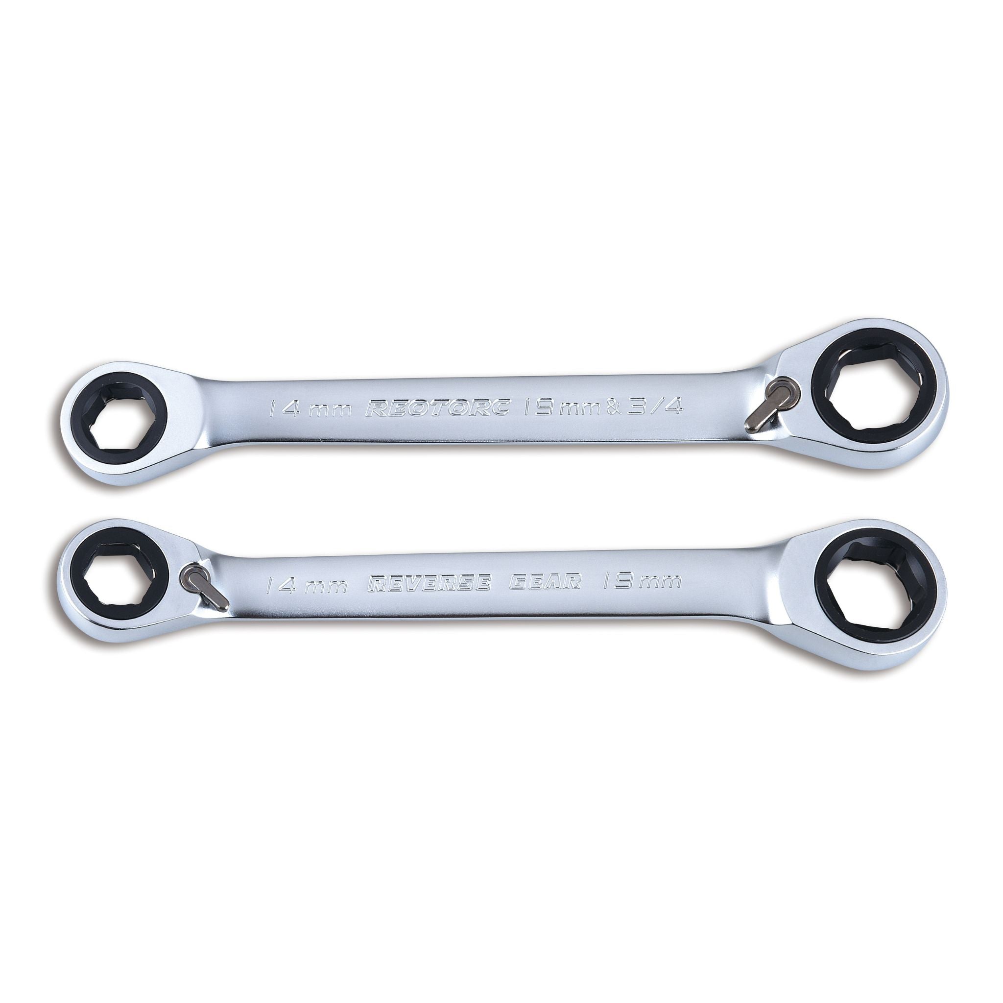 Front and back view of 14mm and 19mm Double Off Ring Driver Ratcheting Reversible Spanner