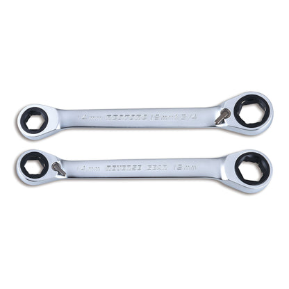 Front and back view of 14mm and 19mm Double Off Ring Driver Ratcheting Reversible Spanner