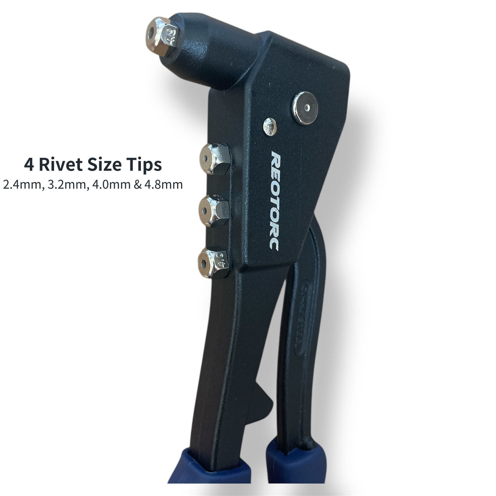 REOTORC riveter with labeled interchangeable rivet tips 