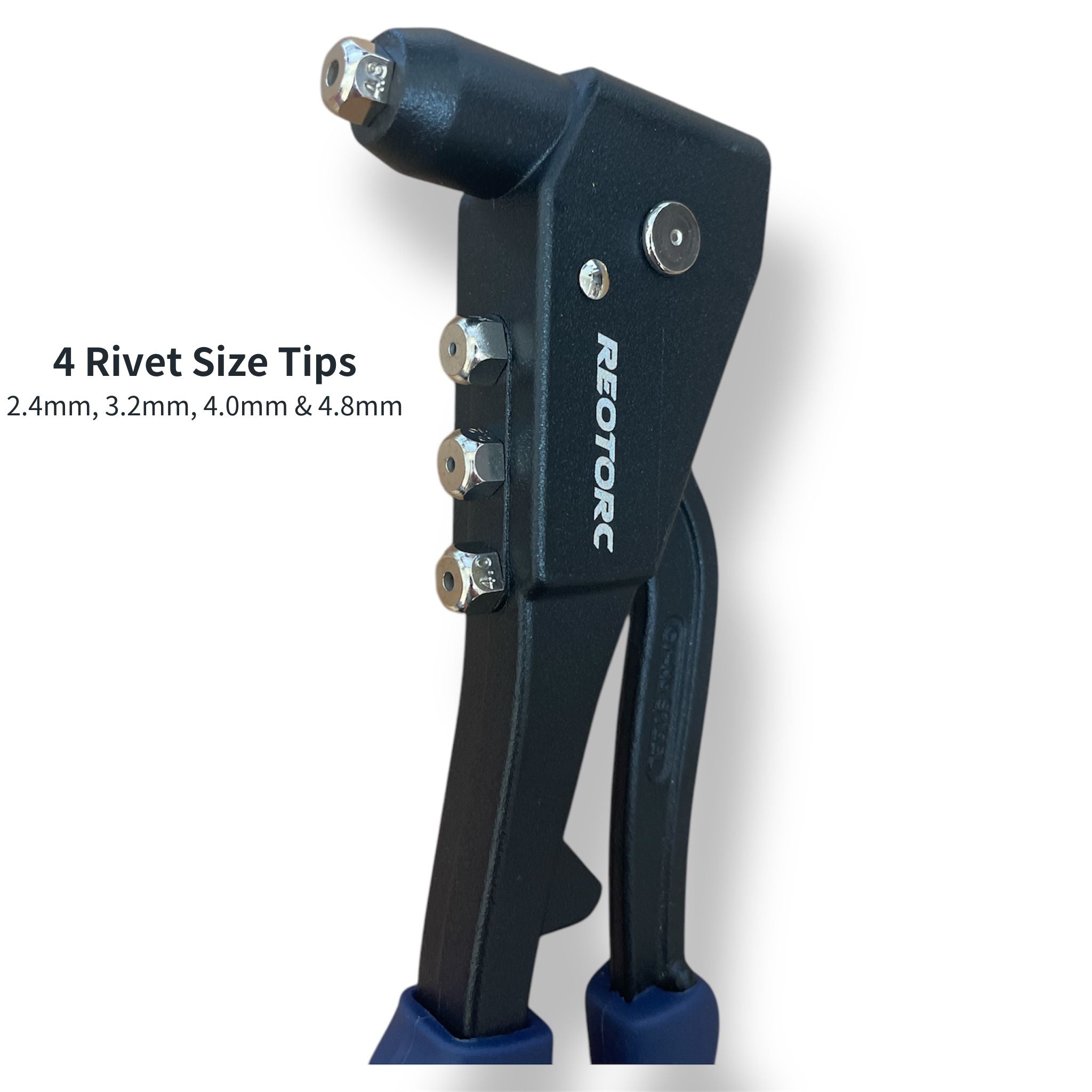 REOTORC riveter with labeled interchangeable rivet tips 