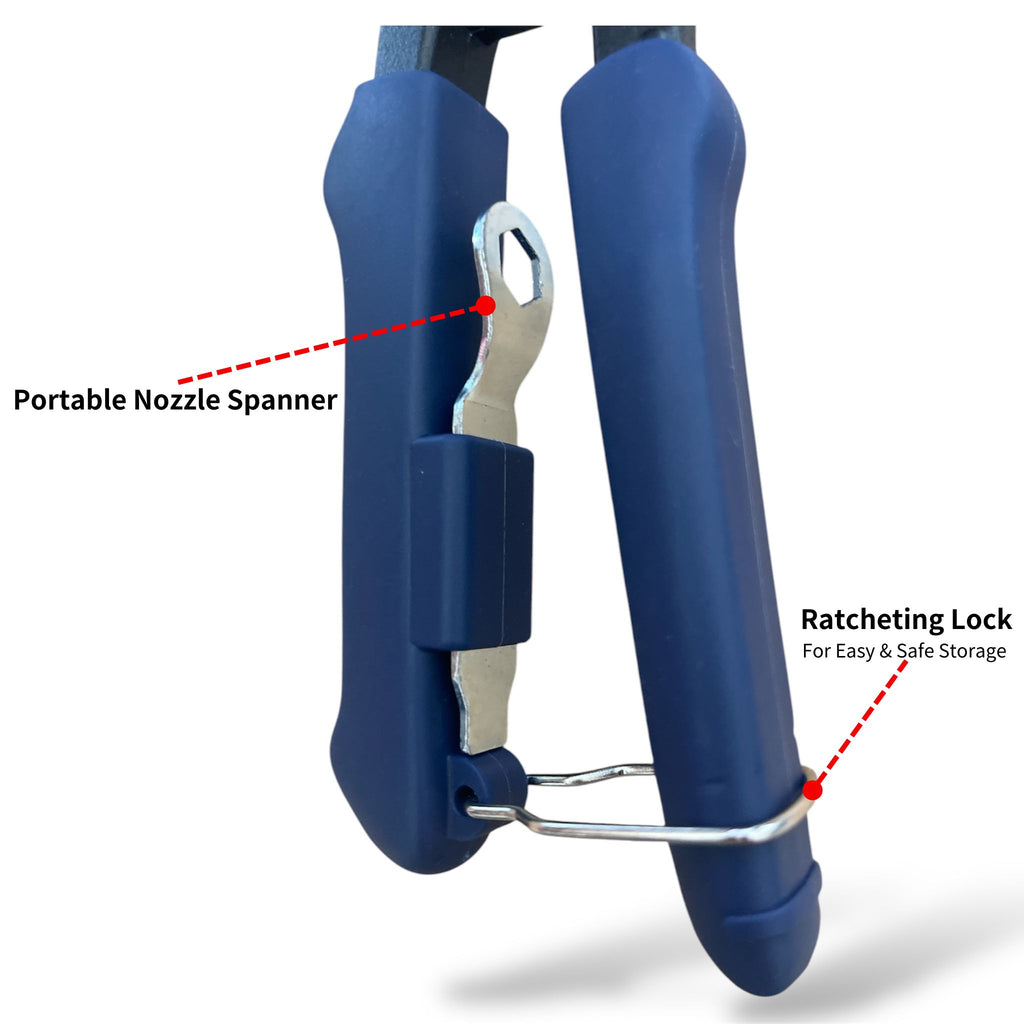 REOTORC hand riveter handle with labeled portable nozzle spanner and ratcheting lock for easy and safe storage