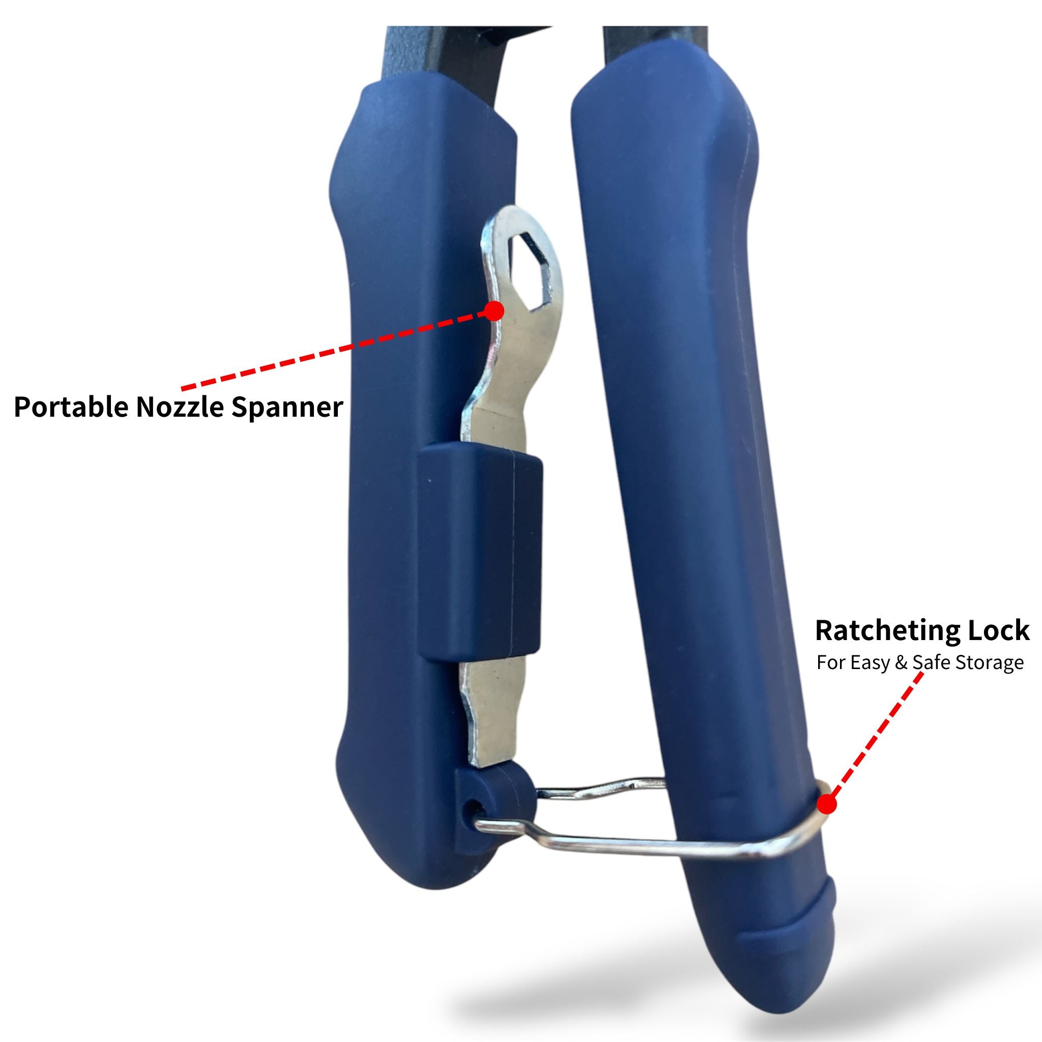 REOTORC hand riveter handle with labeled portable nozzle spanner and ratcheting lock for easy and safe storage