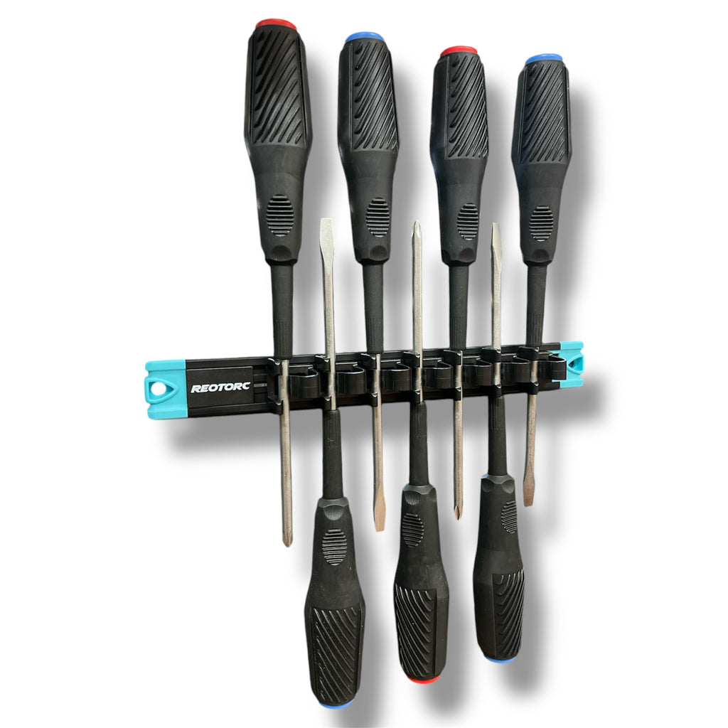 REOTORC Magnetic Rail fully loaded, holds up to 7 screwdrivers