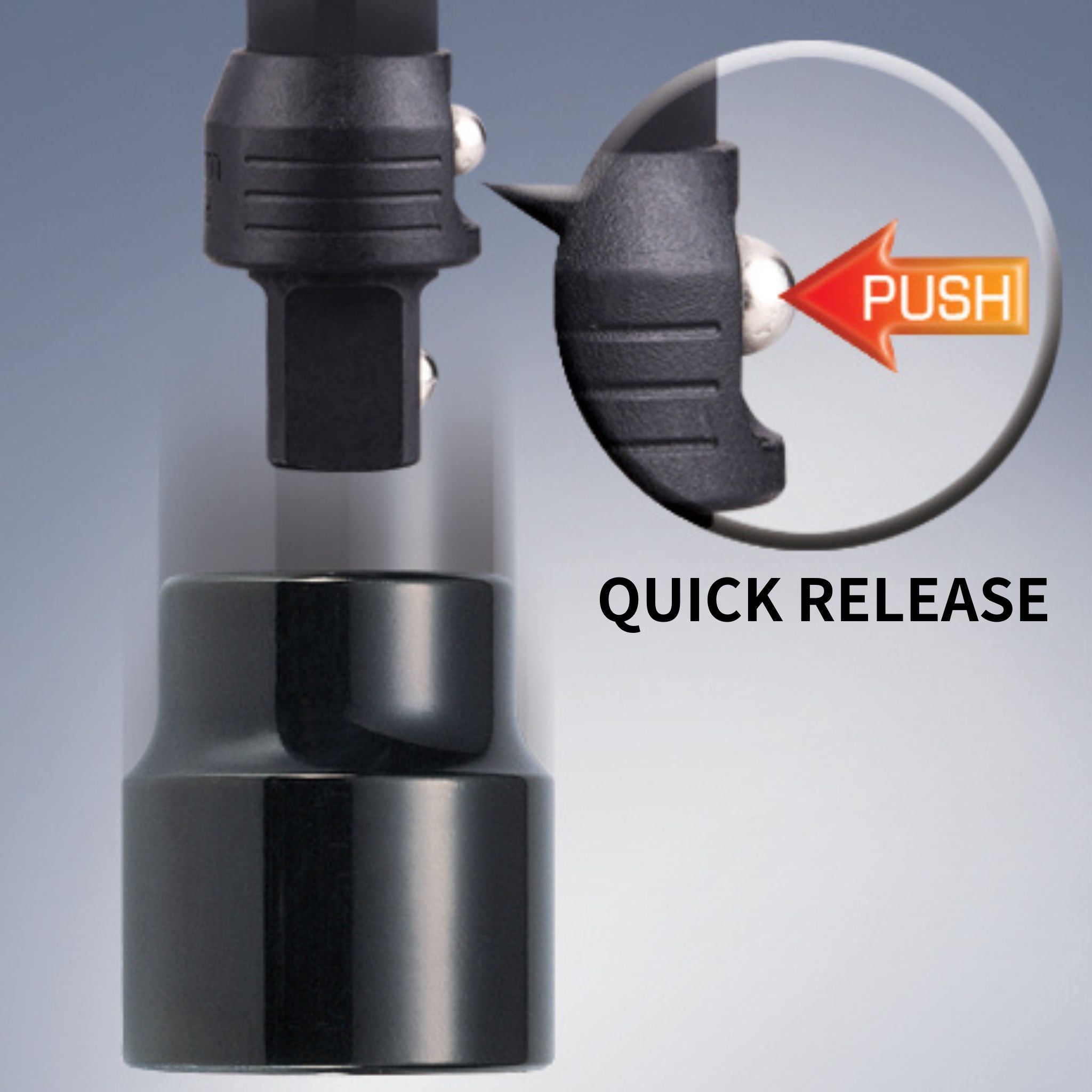 Push to release for quick socket removal on REOTORC locking square drive